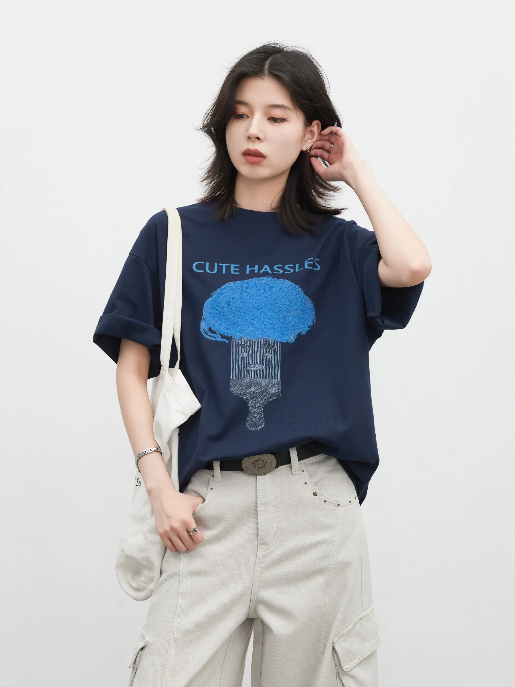 Chic Ven Damen T-Shirt Aus Baumwolle Mit 3D-Stickerei, Rundhals, Kurzarm, Oversized Chic Ven Damen T-Shirt Aus Baumwolle Mit 3D-Stickerei, Rundhals, Kurzarm, Oversized - Image 2
