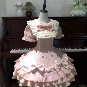 Japanische Süße Lolita Kawaii Kurzes Kleid Frauen Rosa Prinzessin Y2k Bogen Rüschen Dünne Kleider Weibliche Korea Stil Design Chic Outfits