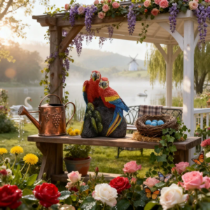 Roter Papagei aus Kunstharz, Kreative Tierfigur, Garten- und Hofdekoration, Miniatur-Landschaftsstatue, Innen- und Außenbereich-Deko