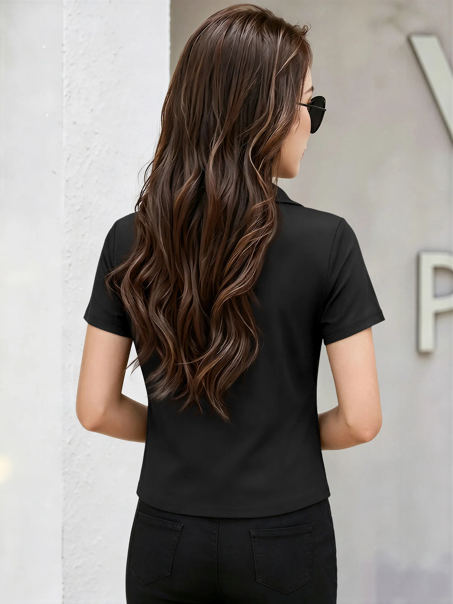 Sparkling Star Rhinestone Heart Print Women Polo Shirts Lapel Short Sleeve Slim Elegant Summer Daily Casual Tops Sparkling Star Rhinestone Heart Print Women Polo Shirts Lapel Short Sleeve Slim Elegant Summer Daily Casual Tops - Image 2