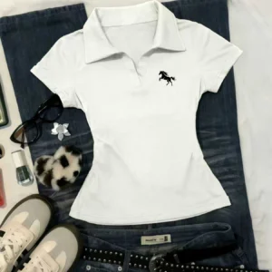 Damen-T-Shirt mit kurzen Ärmeln und Pferdemblem-Aufdruck