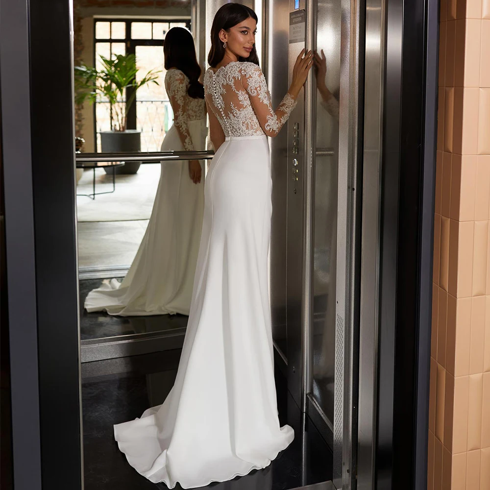 Meerjungfrau-Brautkleid Mit Seitenschlitz Und V-Ausschnitt, Tüll Und Satin, Bodenlang, Nach Maß Meerjungfrau-Brautkleid Mit Seitenschlitz Und V-Ausschnitt, Tüll Und Satin, Bodenlang, Nach Maß - Image 2