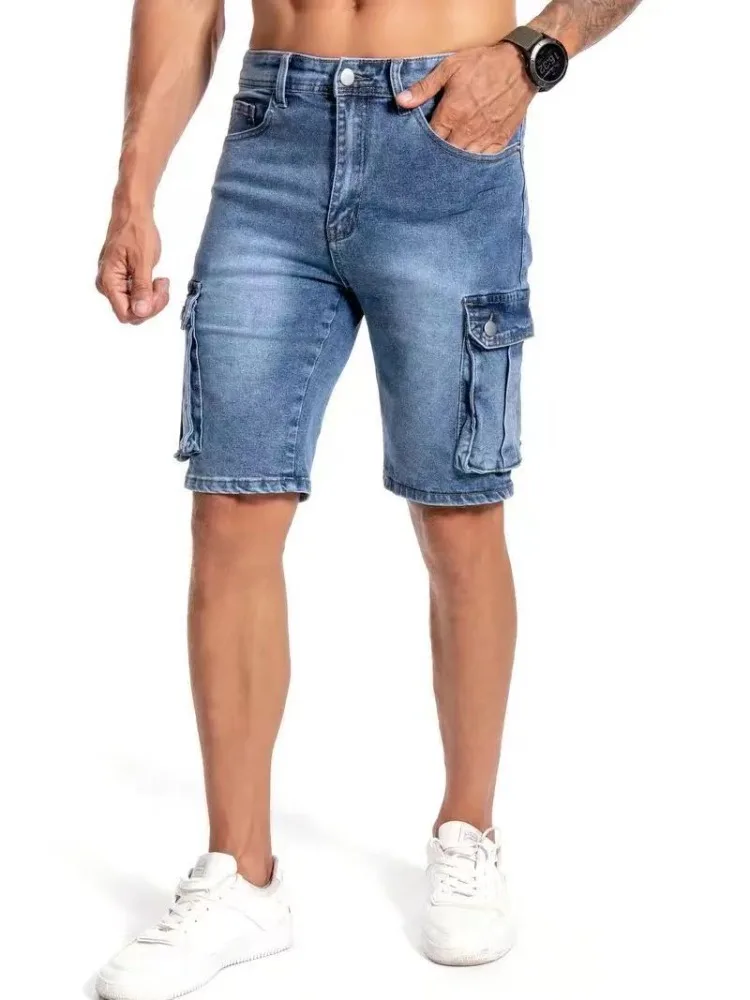 Summer Men'S Stretch Slim Denim Shorts Casual Cargo Shorts With Large Pockets Solid Color Fashion Light Blue Jeans Shorts Male Summer Men'S Stretch Slim Denim Shorts Casual Cargo Shorts With Large Pockets Solid Color Fashion Light Blue Jeans Shorts Male - Image 4