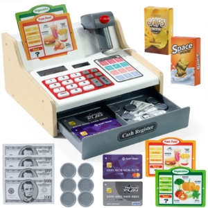 Wooden Pretend Play Cash Register: Real Calculator Included, Great Learning Toy & Holiday Gift