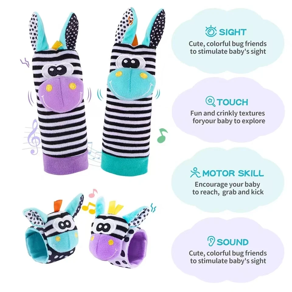 Baby-Rasselsocken und Handgelenkrasseln im niedlichen Tierdesign – Weiche Spielaccessoires für Babys von 0 bis 12 Monaten – Bild 4