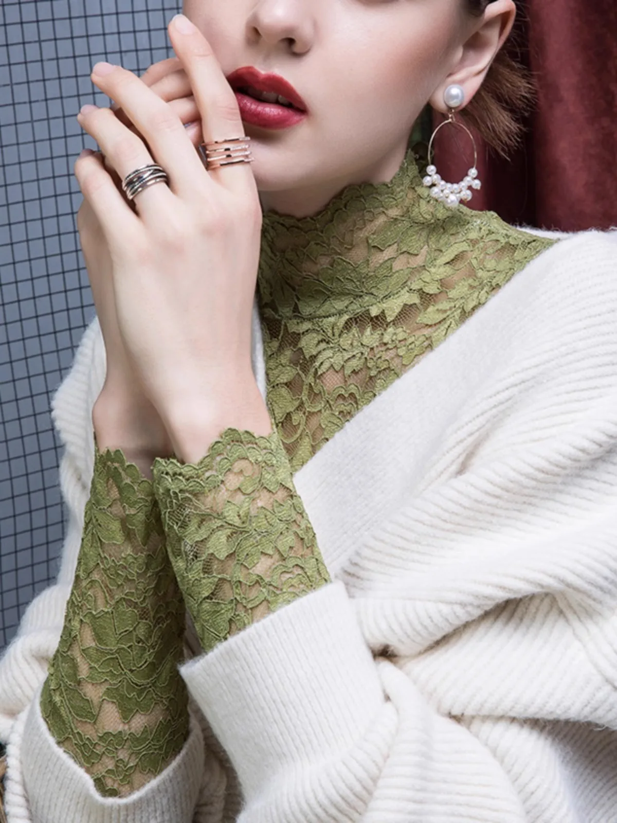 French High Neck Lace Blouse For Women, Spring And Summer Perspective Sexy Top, Winter Thick Long Sleeved Pullover Sweater French High Neck Lace Blouse For Women, Spring And Summer Perspective Sexy Top, Winter Thick Long Sleeved Pullover Sweater - Image 3