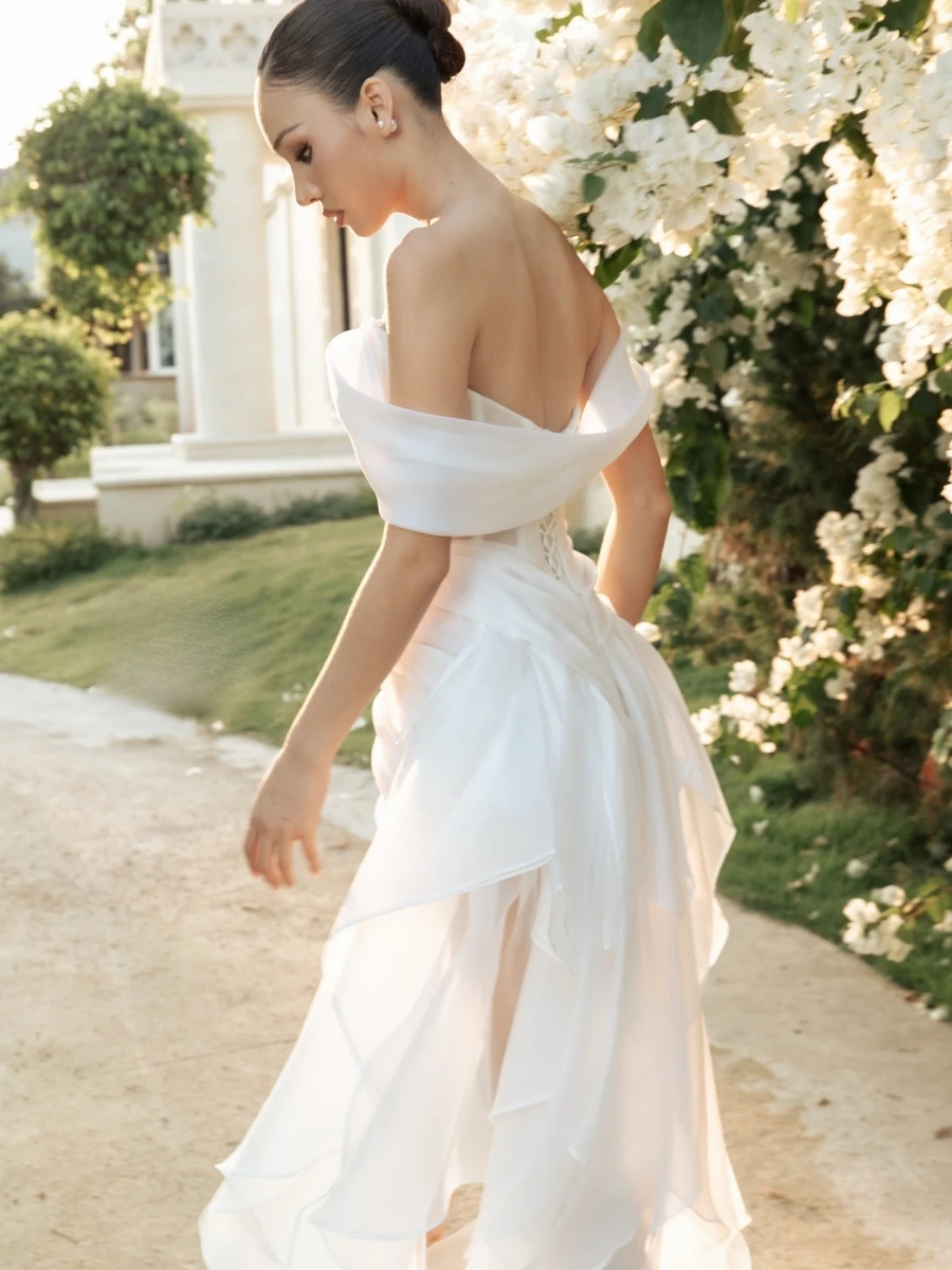 Off Shoulder Ruched Mini Wedding Dress High Low Ruffle Chiffon Train Corset Back Bridal Reception Dress Short Wedding Gown Beach Off Shoulder Ruched Mini Wedding Dress High Low Ruffle Chiffon Train Corset Back Bridal Reception Dress Short Wedding Gown Beach - Image 6