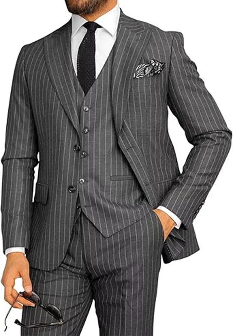 Elegant Pinstripe Suit For Men 3 Piece Blazer Vest And Pant Set Peak Lapel High Quality Customized Men Suit For Wedding Business Elegant Pinstripe Suit For Men 3 Piece Blazer Vest And Pant Set Peak Lapel High Quality Customized Men Suit For Wedding Business - Image 8