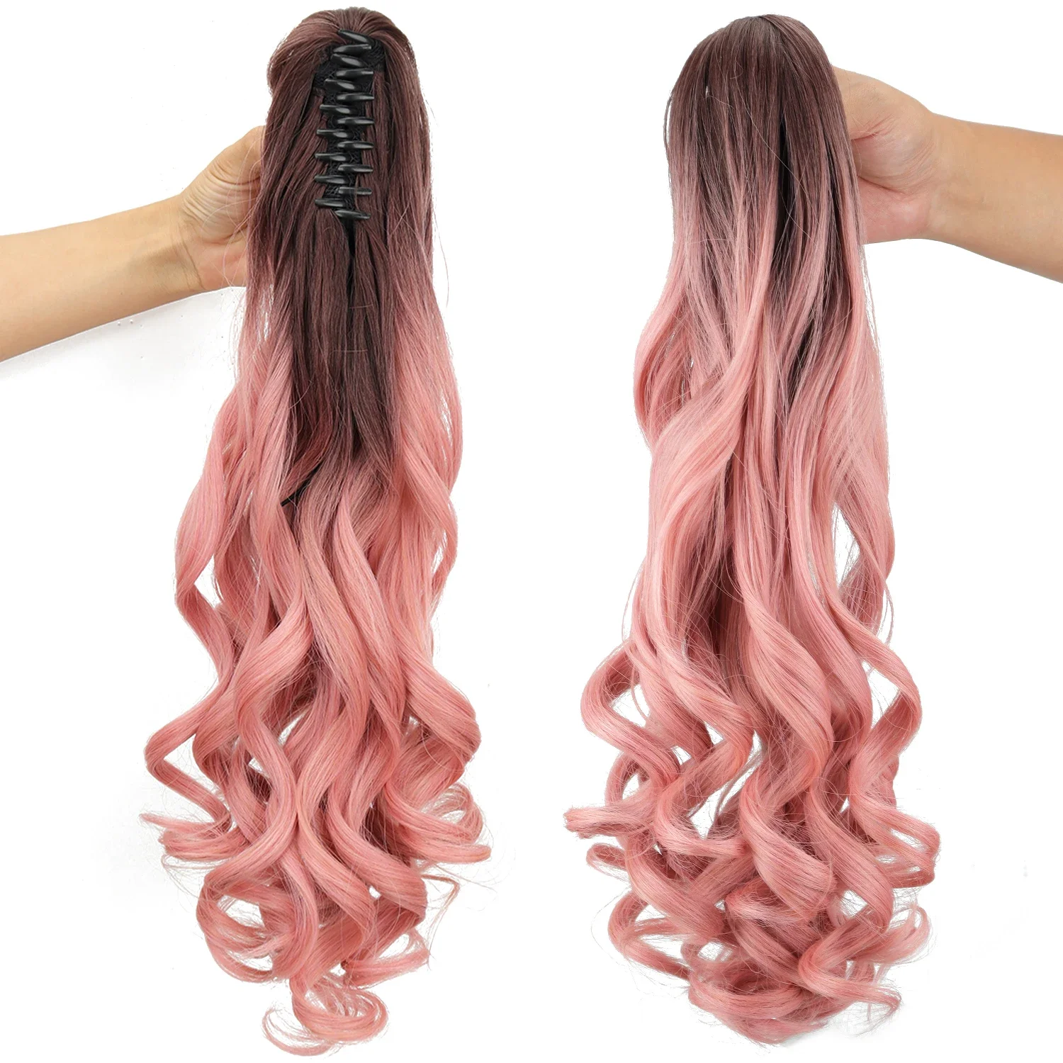 Synthetische braune rosa Pferdes chwanz Haar verlängerung 22 Zoll lange gewellte Pferdes chwanz Haar teile Klaue Clip Schachtel halm für Frauen Party täglichen Gebrauch – Bild 2