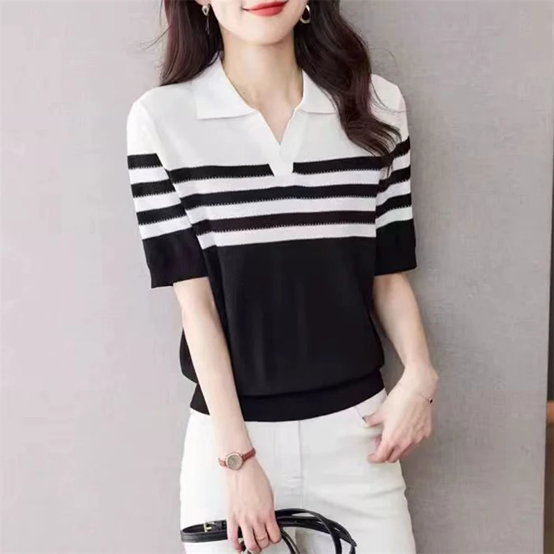 Damen Polo-Kragen T-Shirt Sommer Neu 100% Baumwolle Gestricktes Kurzarm-Freizeithemd Gestreiftes Damen-Pullover Mit Kragen Locker Geschnittenes Oberteil Damen Polo-Kragen T-Shirt Sommer Neu 100% Baumwolle Gestricktes Kurzarm-Freizeithemd Gestreiftes Damen-Pullover Mit Kragen Locker Geschnittenes Oberteil - Image 5