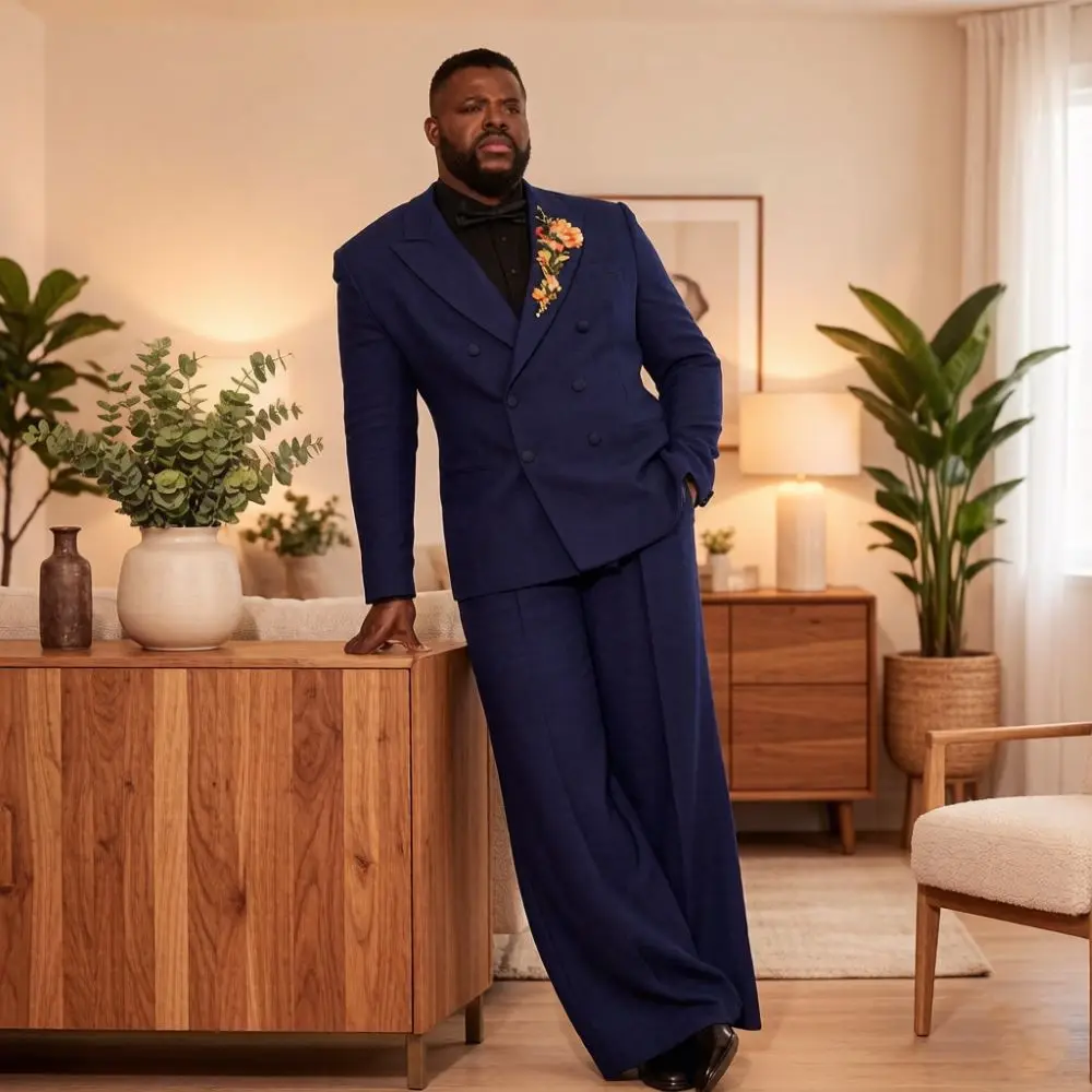 Elegant Double Breasted Luxury Suits For Men With Floral Details 2 Pieces Groom Wide Pants Mix Match Separates Stage Wear Elegant Double Breasted Luxury Suits For Men With Floral Details 2 Pieces Groom Wide Pants Mix Match Separates Stage Wear - Image 3