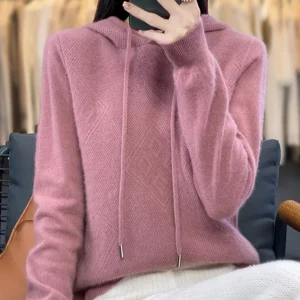 2026 Herbst/Winter Merinowolle Damen Mode Basic Woll-Kapuzenpullover Einfarbig Weicher Langarm Woll-Pullover