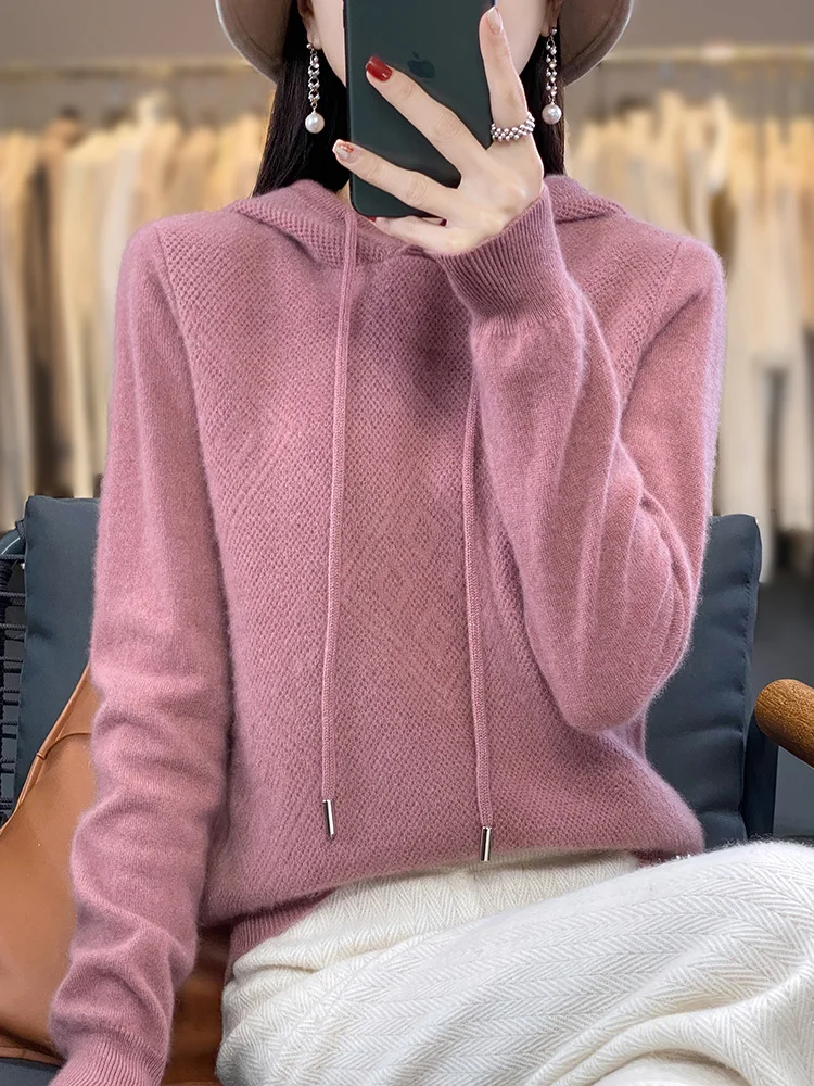 2026 Herbst/Winter Merinowolle Damen Mode Basic Woll-Kapuzenpullover Einfarbig Weicher Langarm Woll-Pullover 2026 Herbst/Winter Merinowolle Damen Mode Basic Woll-Kapuzenpullover Einfarbig Weicher Langarm Woll-Pullover