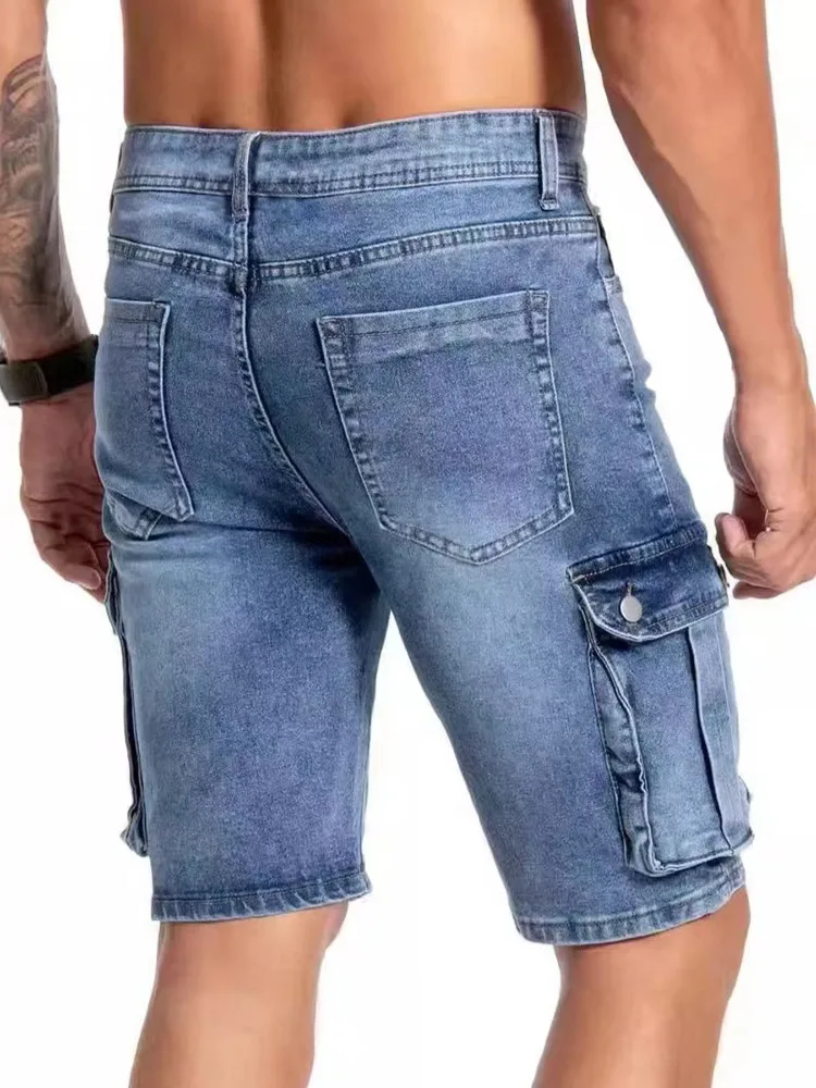 Summer Men'S Stretch Slim Denim Shorts Casual Cargo Shorts With Large Pockets Solid Color Fashion Light Blue Jeans Shorts Male Summer Men'S Stretch Slim Denim Shorts Casual Cargo Shorts With Large Pockets Solid Color Fashion Light Blue Jeans Shorts Male - Image 2