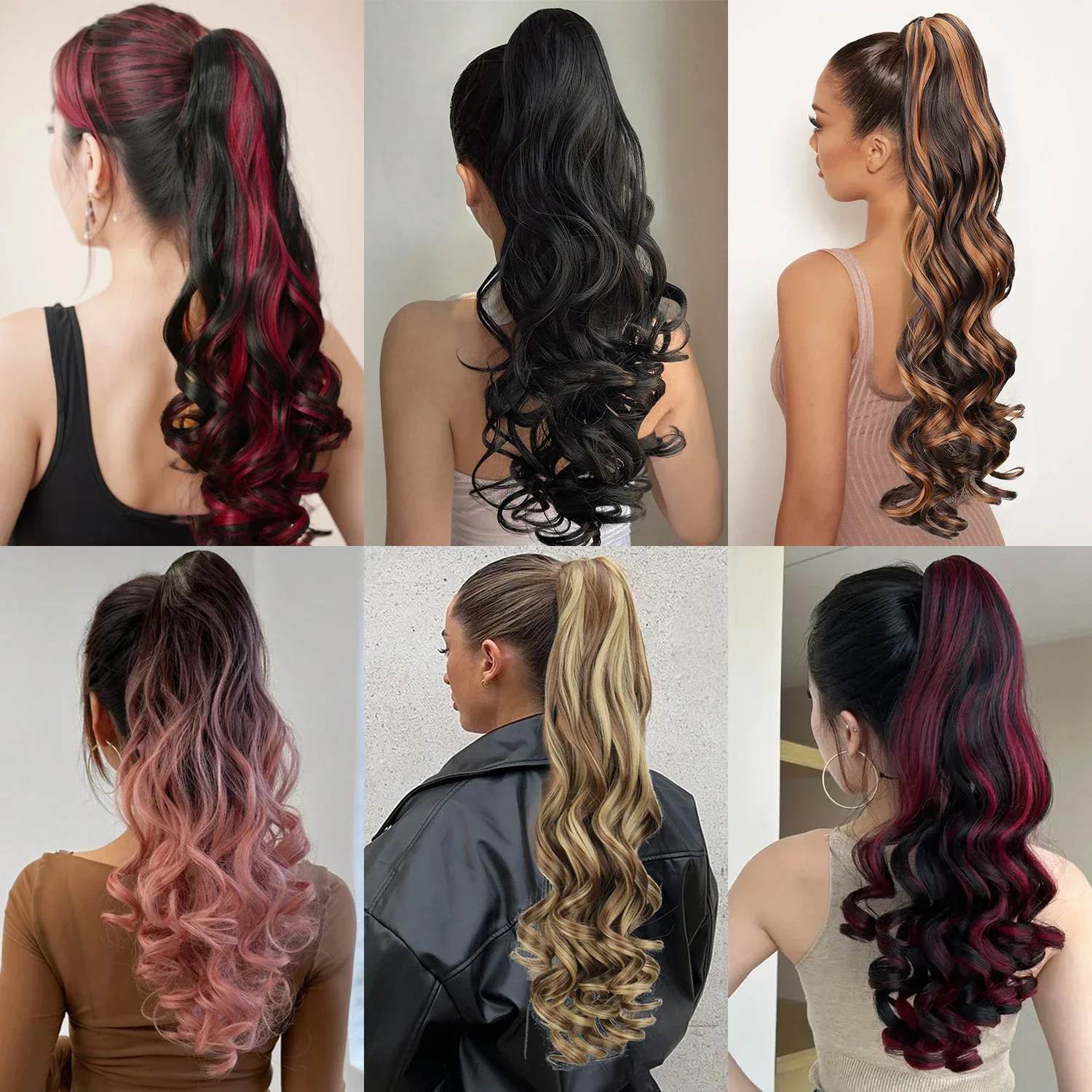 Synthetische braune rosa Pferdes chwanz Haar verlängerung 22 Zoll lange gewellte Pferdes chwanz Haar teile Klaue Clip Schachtel halm für Frauen Party täglichen Gebrauch – Bild 6