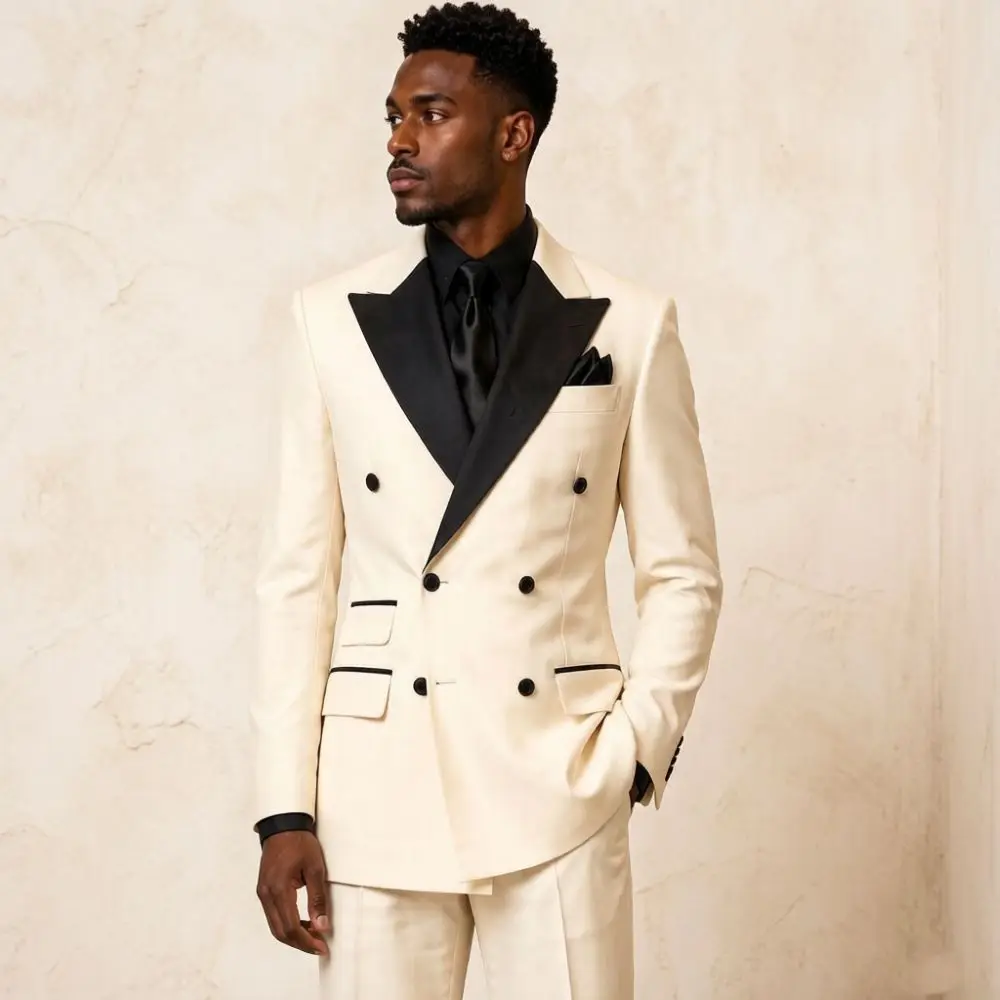 Elegant Double Breasted White Suits For Men Luxury Satin Lapel Groom 2 Pieces Mix Match Separates Hotel Wedding Banquet Style Elegant Double Breasted White Suits For Men Luxury Satin Lapel Groom 2 Pieces Mix Match Separates Hotel Wedding Banquet Style - Image 2