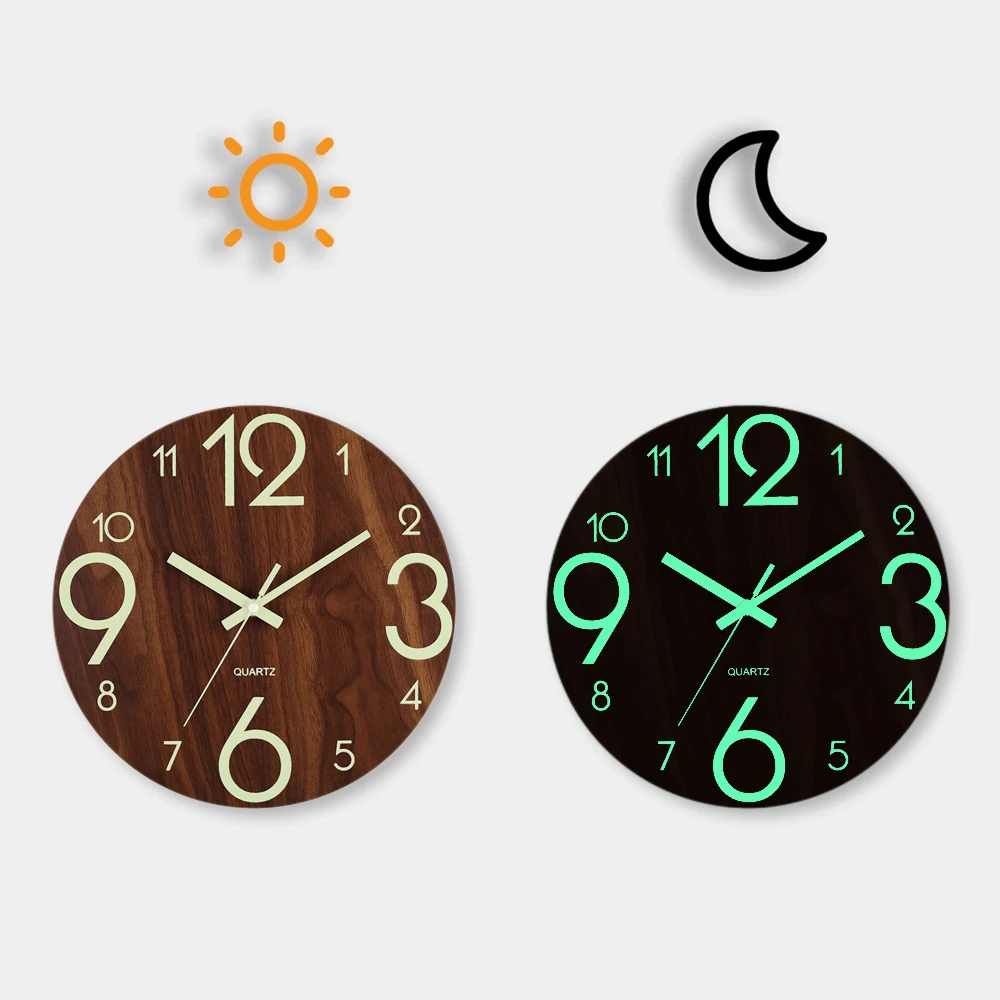 12 Zoll Leuchtende Wanduhr Aus Holz, Geräuschlos, Leuchtet Im Dunkeln, Nordisches Design, Nicht Tickende Uhr Mit Nachtlicht 12 Zoll Leuchtende Wanduhr Aus Holz, Geräuschlos, Leuchtet Im Dunkeln, Nordisches Design, Nicht Tickende Uhr Mit Nachtlicht - Image 4