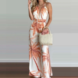 Neue Sommer Ärmellose Neckholder-Jumpsuits für Damen Rückenfreier Bedruckter Schnür-Jumpsuit mit Weitem Bein Damen-Jumpsuit Q3706