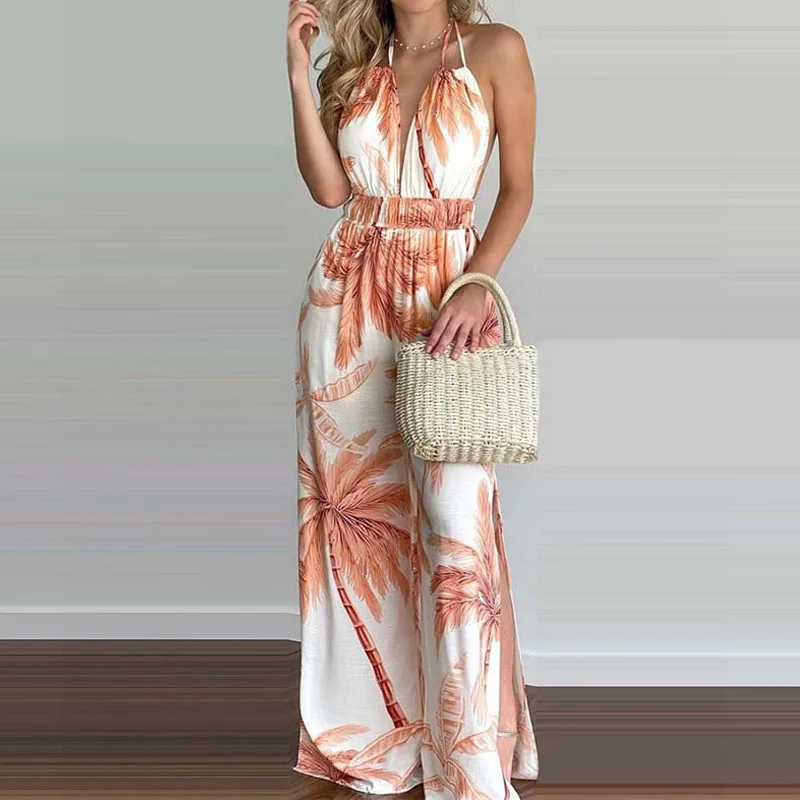 Neue Sommer Ärmellose Neckholder-Jumpsuits Für Damen Rückenfreier Bedruckter Schnür-Jumpsuit Mit Weitem Bein Damen-Jumpsuit Q3706 Neue Sommer Ärmellose Neckholder-Jumpsuits Für Damen Rückenfreier Bedruckter Schnür-Jumpsuit Mit Weitem Bein Damen-Jumpsuit Q3706