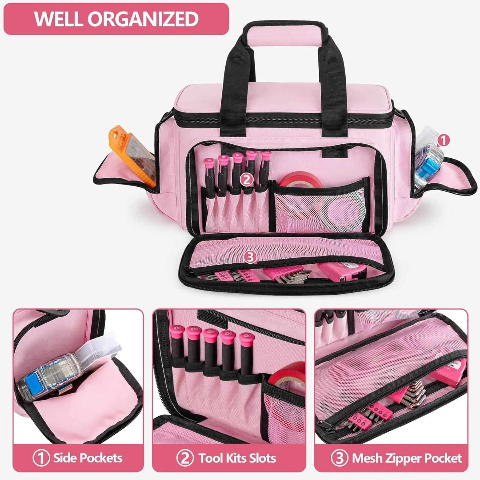 Rosa Werkzeugtasche Für Frauen, Damen-Werkzeugtasche, Aufbewahrungsorganisator Mit Anti-Reibungs-Boden Für Elektriker, Tischler, Handwerker Rosa Werkzeugtasche Für Frauen, Damen-Werkzeugtasche, Aufbewahrungsorganisator Mit Anti-Reibungs-Boden Für Elektriker, Tischler, Handwerker - Image 3