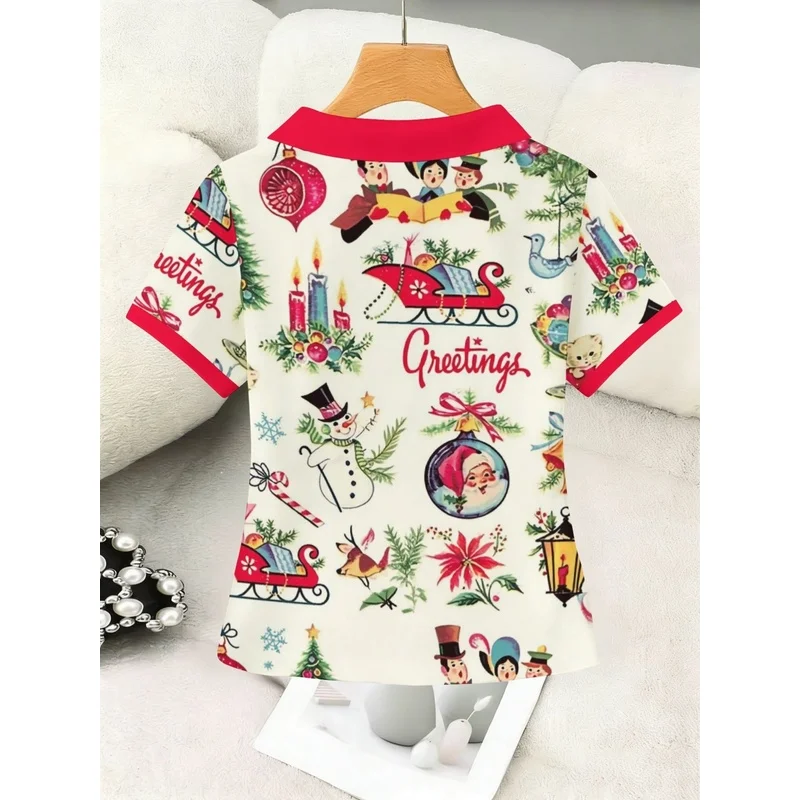 Women'S Vintage Christmas Print Polo Shirt, White Red V-Neck Short Sleeve Collared Casual Holiday Tee For Ladies Women'S Vintage Christmas Print Polo Shirt, White Red V-Neck Short Sleeve Collared Casual Holiday Tee For Ladies - Image 2