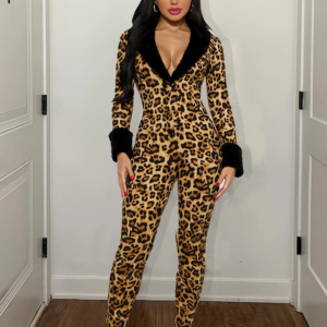 Nibber Leopard Print Jumpsuits Woman Sexy Fashion Furry Low-Neck Full Sleeve Skinny High Waist Midnight Party Style Overalls