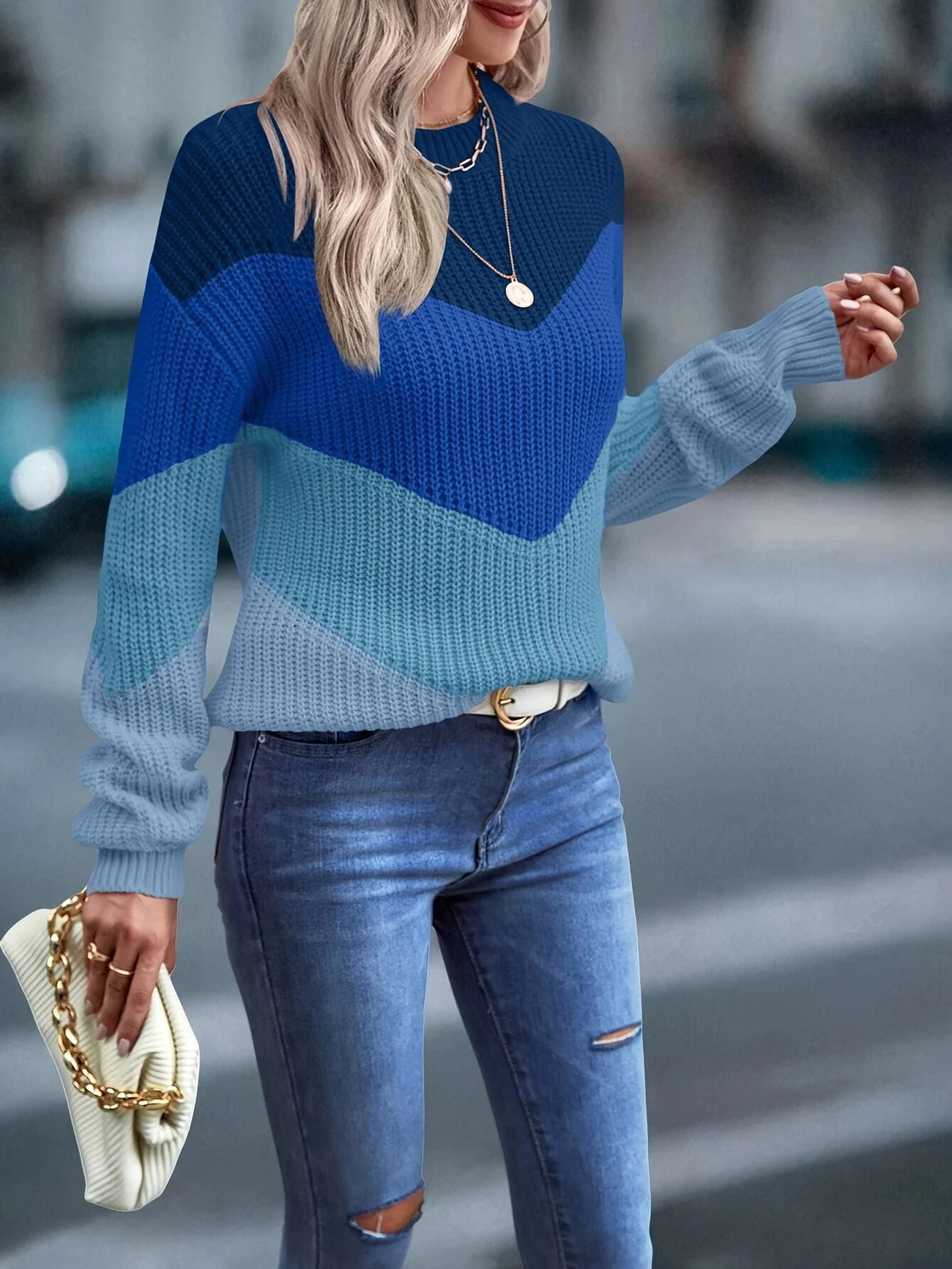 Blauer Chevron-Farbblock-Pullover Für Damen Mit Rundhalsausschnitt Und Langen Ärmeln, Lockerer Strickpullover Blauer Chevron-Farbblock-Pullover Für Damen Mit Rundhalsausschnitt Und Langen Ärmeln, Lockerer Strickpullover - Image 4