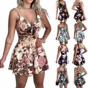 Sexy Jumpsuit mit Spaghettiträgern und Blumenmuster für Damen, modischer Rückenfreier Kurz-Jumpsuit mit Schleife und Schnürung, trendige Streetwear für Frauen