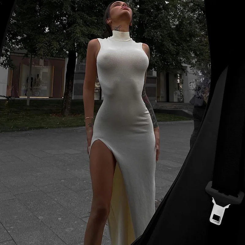 Y2K Fashion Basic White Turtleneck Slim Midi Dresses Women'S Sexy Side Split Sleeveless Bodycon Vintage Elegant Robe 2024 Summer Y2K Fashion Basic White Turtleneck Slim Midi Dresses Women'S Sexy Side Split Sleeveless Bodycon Vintage Elegant Robe 2024 Summer - Image 6