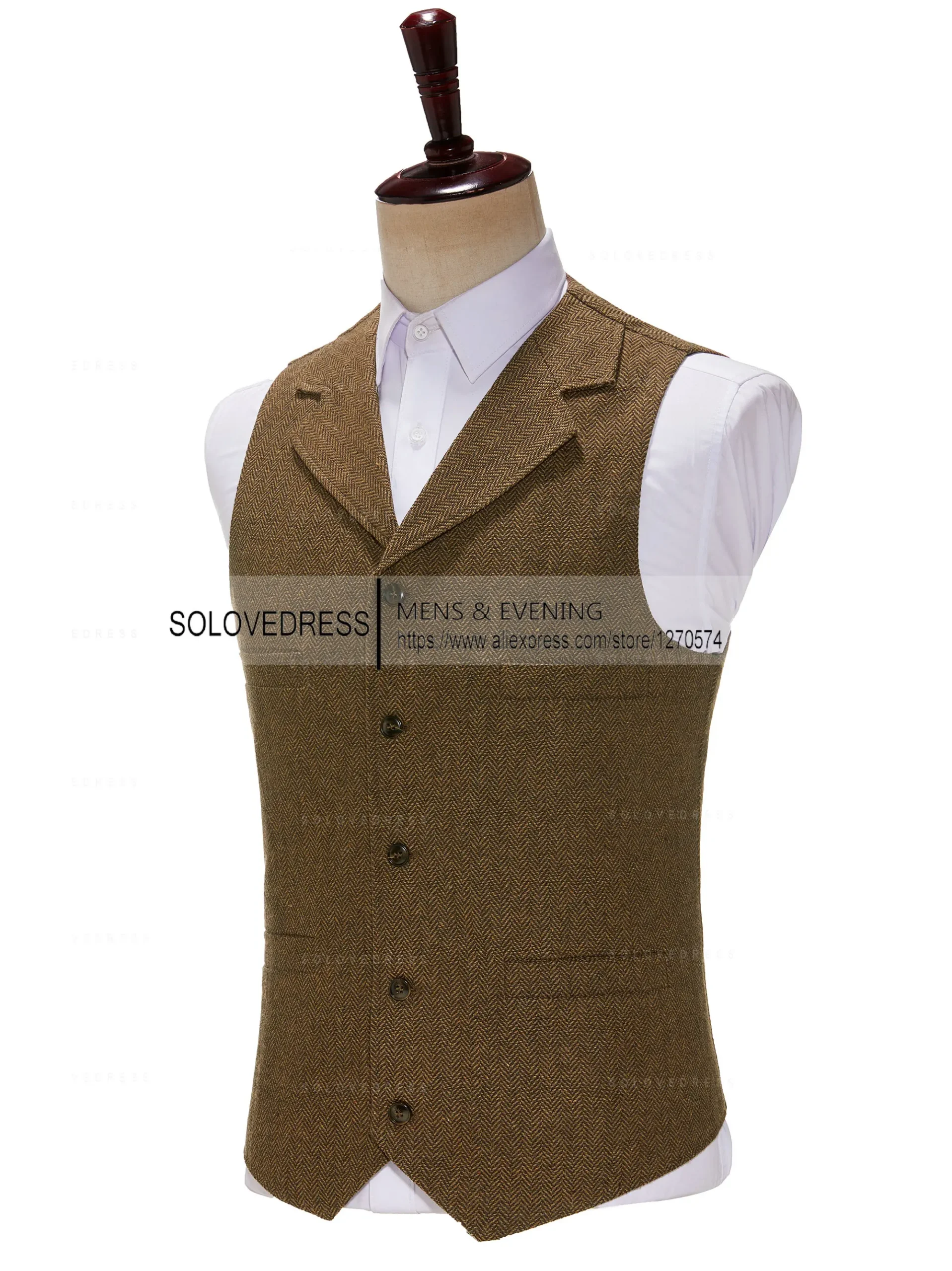 Business-Herrenanzug, Weste, Revers, V-Ausschnitt, Wolle, Fischgrätenmuster, Lässige Braune Weste, Lässige Formelle Trauzeugenjacke Für Hochzeit Business-Herrenanzug, Weste, Revers, V-Ausschnitt, Wolle, Fischgrätenmuster, Lässige Braune Weste, Lässige Formelle Trauzeugenjacke Für Hochzeit - Image 4