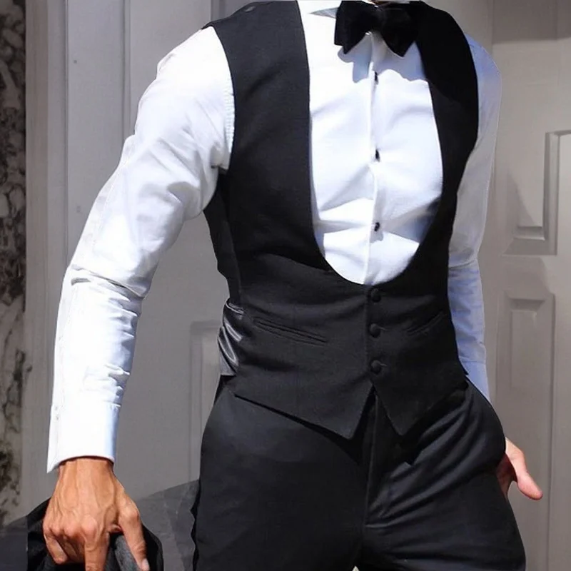 Schwarze Herrenweste Für Hochzeit, Bräutigam, Einteilig, Schmale Passform, Einfarbig, Männlicher Modemantel Schwarze Herrenweste Für Hochzeit, Bräutigam, Einteilig, Schmale Passform, Einfarbig, Männlicher Modemantel