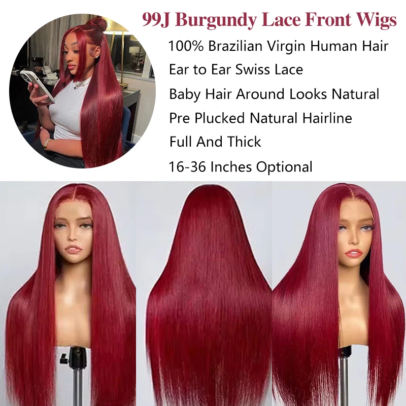 99J Burgunderrote Lace-Front-Perücken Aus Echthaar, 13X6 Gerade Lace-Frontal-Perücken Aus Echthaar, Vorgezupft Mit Babyhaar, Weinrot Gefärbt 99J Burgunderrote Lace-Front-Perücken Aus Echthaar, 13X6 Gerade Lace-Frontal-Perücken Aus Echthaar, Vorgezupft Mit Babyhaar, Weinrot Gefärbt - Image 3
