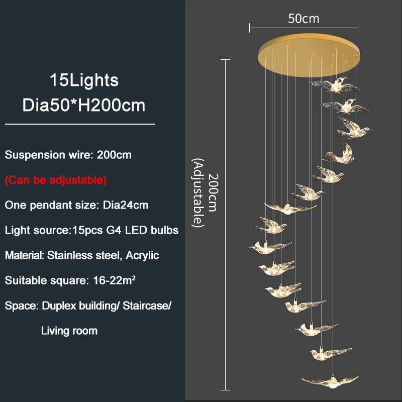 Italienischer Led-Kronleuchter Mit Vogeldesign Für Treppenhaus, Luxuriöse Wohnzimmer-Hängeleuchte, Flur, Lange Spiralförmige Acryllampe Italienischer Led-Kronleuchter Mit Vogeldesign Für Treppenhaus, Luxuriöse Wohnzimmer-Hängeleuchte, Flur, Lange Spiralförmige Acryllampe - Image 20