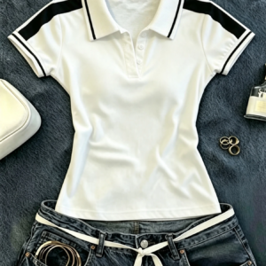 Women’s Y2K Slim Fit Polo Shirt,Contrast-Color Shoulder Panels, Basic Retro Preppy Sport Casual Cropped Streetwear Top