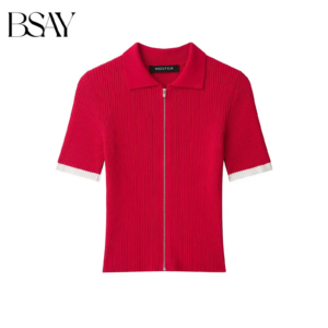 BSAY 2026 Y2K Street Style Women Ribbed Knit Polo Tee Lapel Full Zip Contrast White Cuff Short Sleeve Fitted Cropped Knit Top