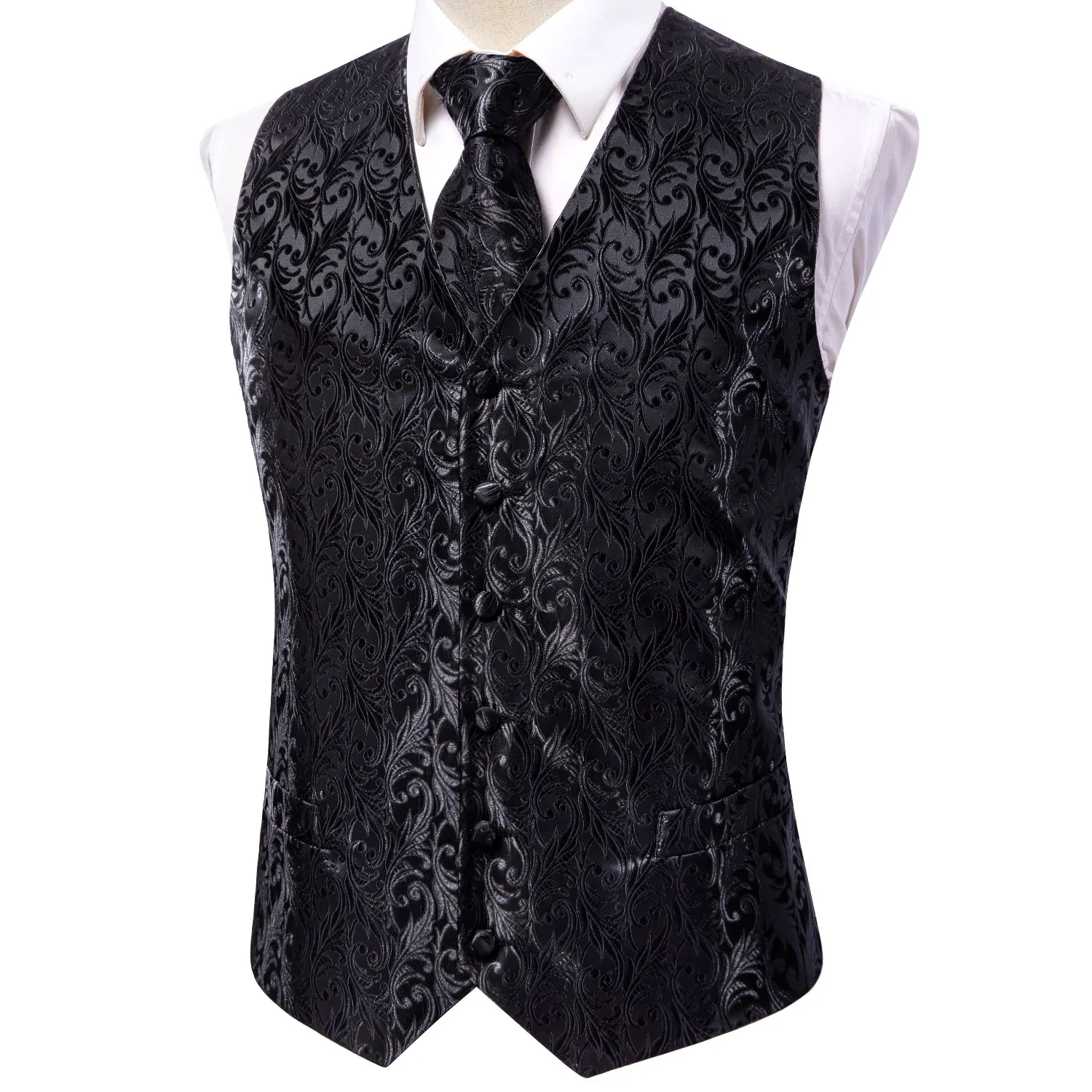 Herren Schwarzes Anzugwesten-Set Mit Krawatte, Einstecktuch Und Manschettenknöpfen - Jacquard Formelle Smoking-Weste Für Hochzeit, Business Und Partys Herren Schwarzes Anzugwesten-Set Mit Krawatte, Einstecktuch Und Manschettenknöpfen - Jacquard Formelle Smoking-Weste Für Hochzeit, Business Und Partys - Image 3