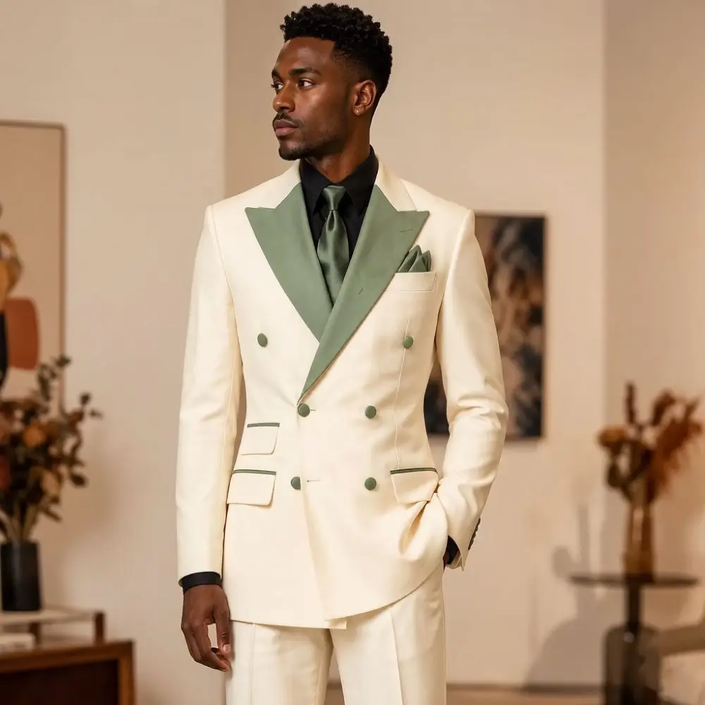 Elegant Double Breasted White Suits For Men Luxury Satin Lapel Groom 2 Pieces Mix Match Separates Hotel Wedding Banquet Style Elegant Double Breasted White Suits For Men Luxury Satin Lapel Groom 2 Pieces Mix Match Separates Hotel Wedding Banquet Style - Image 8