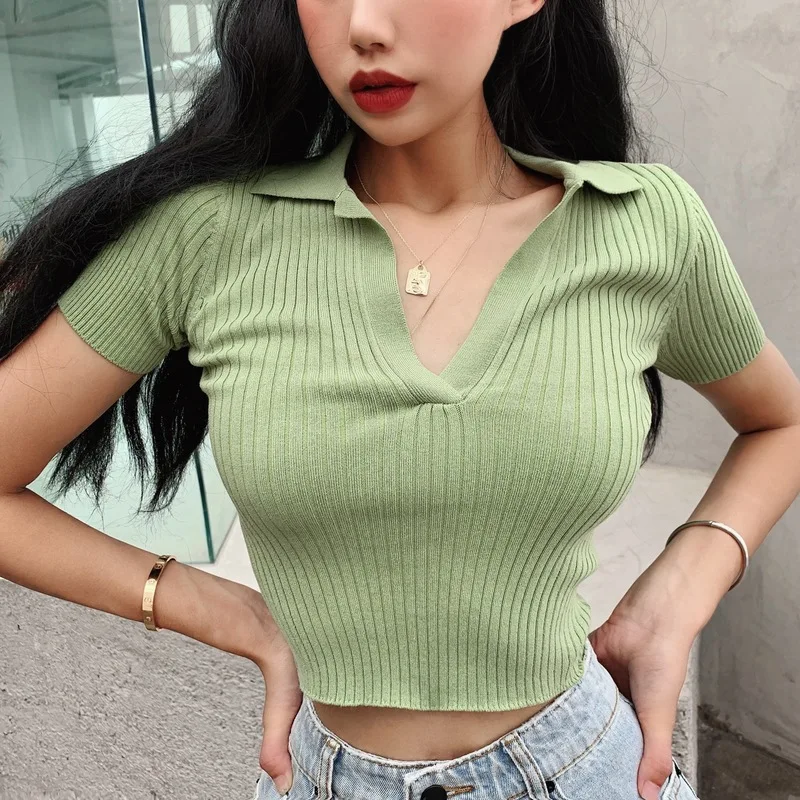 Womens Summer French Polo Knit Top Vintage Short Sleeve V Neck Slim Fit Crop Shirt Sexy Casual Solid Color Blouse Womens Summer French Polo Knit Top Vintage Short Sleeve V Neck Slim Fit Crop Shirt Sexy Casual Solid Color Blouse - Image 7