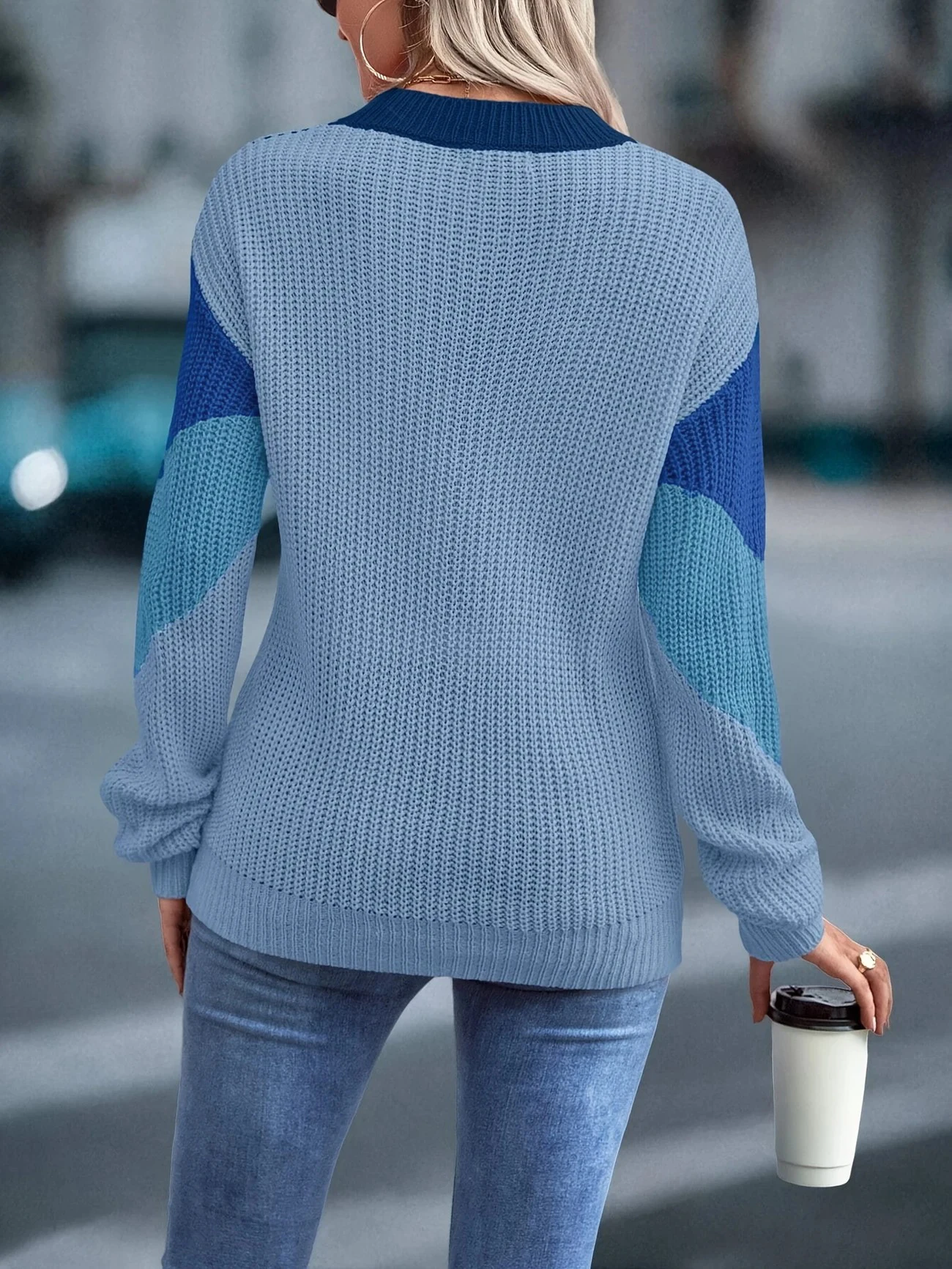 Blauer Chevron-Farbblock-Pullover Für Damen Mit Rundhalsausschnitt Und Langen Ärmeln, Lockerer Strickpullover Blauer Chevron-Farbblock-Pullover Für Damen Mit Rundhalsausschnitt Und Langen Ärmeln, Lockerer Strickpullover - Image 2