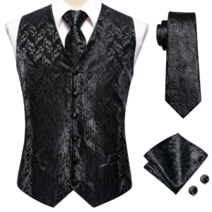 Herren Schwarzes Anzugwesten-Set mit Krawatte, Einstecktuch und Manschettenknöpfen - Jacquard Formelle Smoking-Weste für Hochzeit, Business und Partys