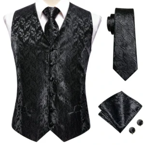 Shop 2 Herren Schwarzes Anzugwesten-Set Mit Krawatte, Einstecktuch Und Manschettenknöpfen - Jacquard Formelle Smoking-Weste Für Hochzeit, Business Und Partys