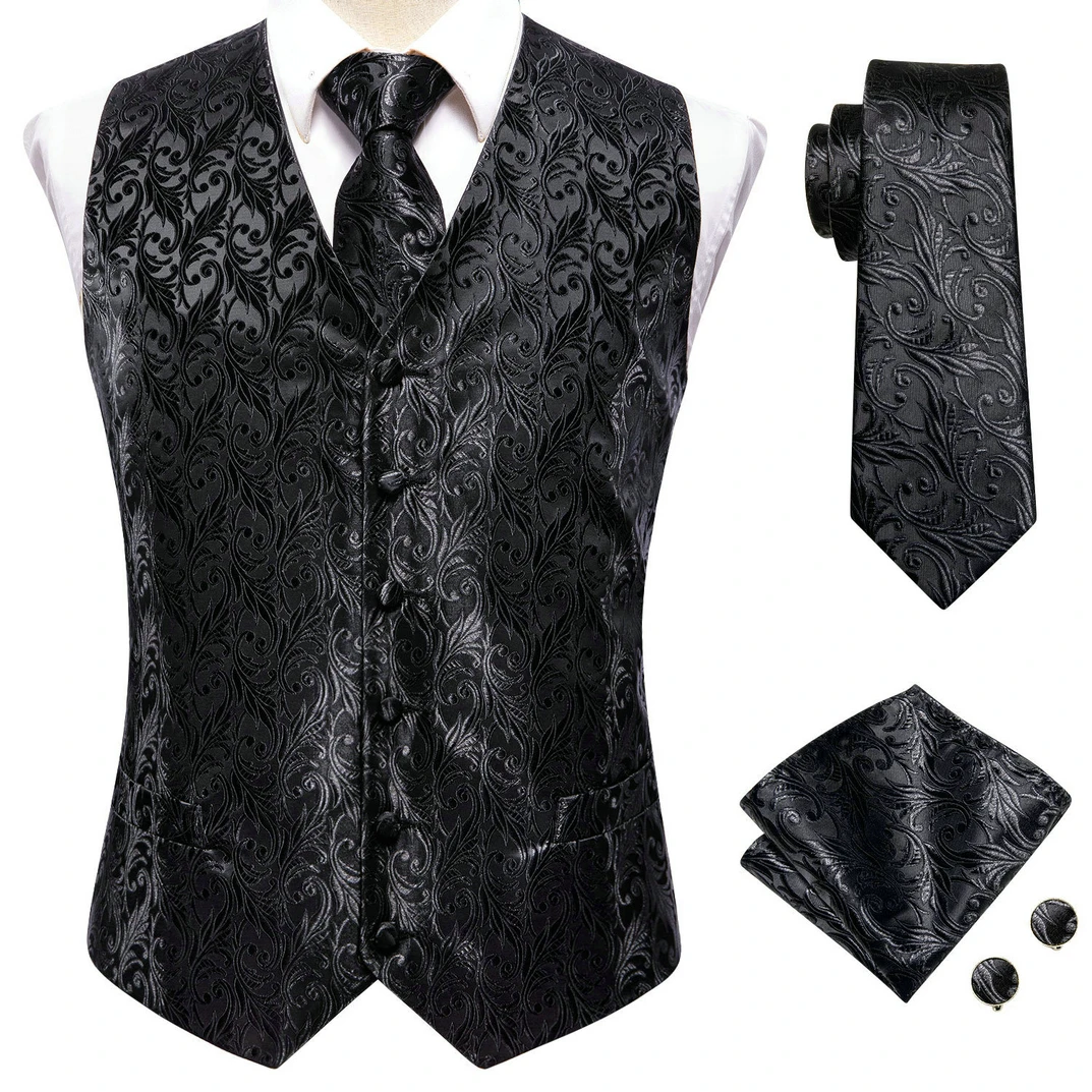 Herren Schwarzes Anzugwesten-Set Mit Krawatte, Einstecktuch Und Manschettenknöpfen - Jacquard Formelle Smoking-Weste Für Hochzeit, Business Und Partys Herren Schwarzes Anzugwesten-Set Mit Krawatte, Einstecktuch Und Manschettenknöpfen - Jacquard Formelle Smoking-Weste Für Hochzeit, Business Und Partys