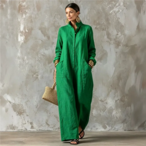 Frühling Herbst Lässiger Stehkragen Langarm-Jumpsuit für Damen, Locker Geschnitten mit Taschen, Einfarbig, Halböffnungs-Design