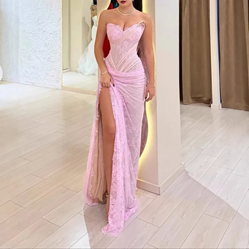 Women Fashion High Waist Split Slim Evening Dress Sexy Lace Embroidery Luxury Gowns Sexy Strapless Sleeveless Irregular Dresses Women Fashion High Waist Split Slim Evening Dress Sexy Lace Embroidery Luxury Gowns Sexy Strapless Sleeveless Irregular Dresses - Image 5