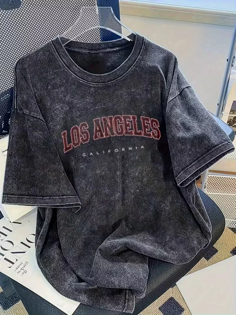 Vintage Washed Los Angeles Arch Letter Graphic T-Shirt, Retro Usa City Casual Washed Black Crew Neck Short Sleeve Unisex Top Vintage Washed Los Angeles Arch Letter Graphic T-Shirt, Retro Usa City Casual Washed Black Crew Neck Short Sleeve Unisex Top - Image 2