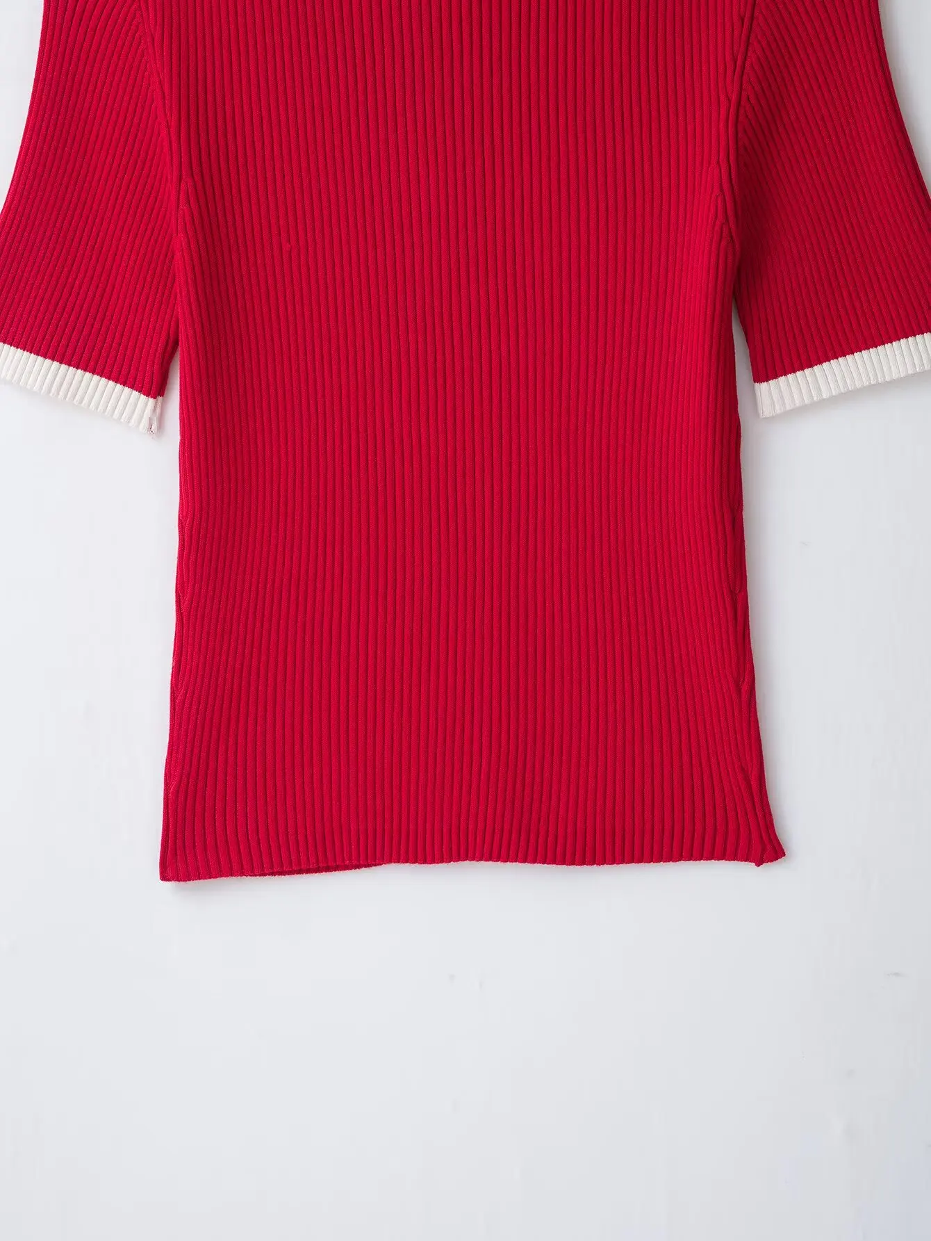 Bsay 2026 Y2K Street Style Women Ribbed Knit Polo Tee Lapel Full Zip Contrast White Cuff Short Sleeve Fitted Cropped Knit Top Bsay 2026 Y2K Street Style Women Ribbed Knit Polo Tee Lapel Full Zip Contrast White Cuff Short Sleeve Fitted Cropped Knit Top - Image 5