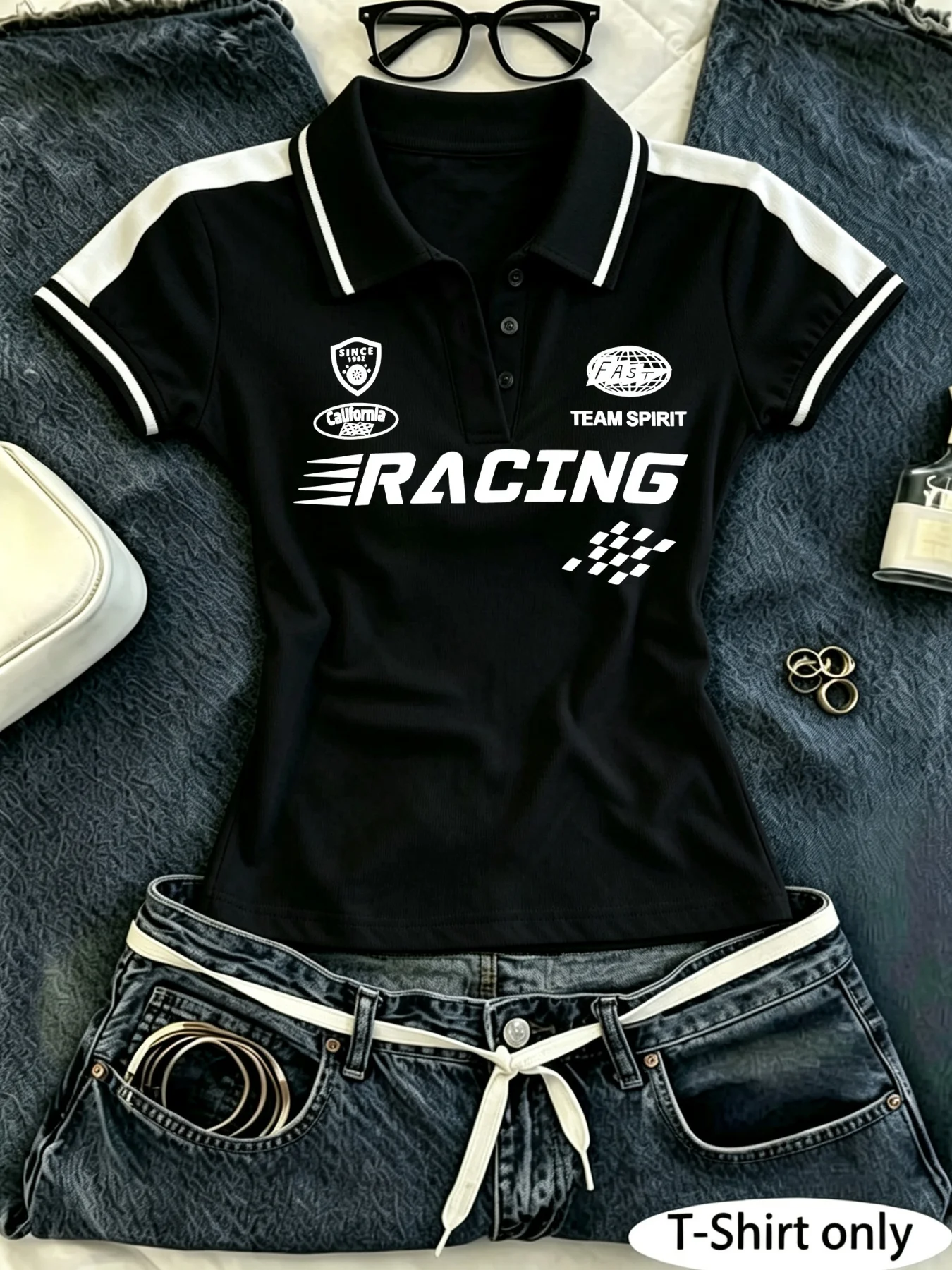 Women Y2K Chicago Graphic Polo Shirt, Short Sleeve Collared Slim Fit Crop Top Retro Racing Print Tees For Streetwear Women Y2K Chicago Graphic Polo Shirt, Short Sleeve Collared Slim Fit Crop Top Retro Racing Print Tees For Streetwear - Image 8