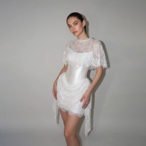 Satin Mini Wedding Dresses Bride Straight High Neck Lace Appliques Vestido De Novia Cap Sleeve Short Bride Gowns Customized