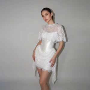 Satin Mini Wedding Dresses Bride Straight High Neck Lace Appliques Vestido De Novia Cap Sleeve Short Bride Gowns Customized