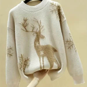 Damen Rundhals-Pullover mit Rentier- und Schneeflockenmuster, Langarm, Locker Geschnitten, Lässiger Weihnachtspullover, Winter-Oberteil